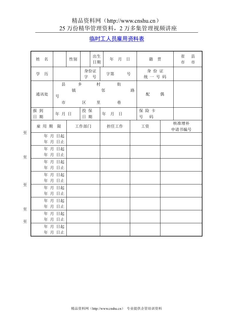 临时工人员雇用资料表