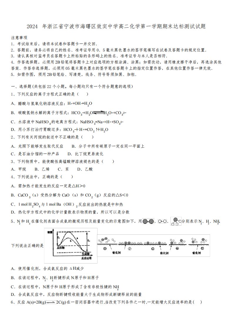 2024年浙江省宁波市海曙区效实中学高二化学第一学期期末达标测试试题含解析