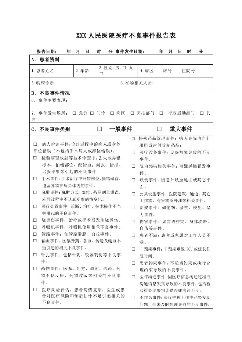 医院医疗不良事件报告表