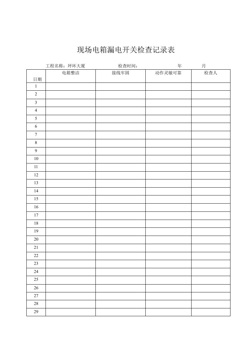 现场电箱漏电开关检查记录表