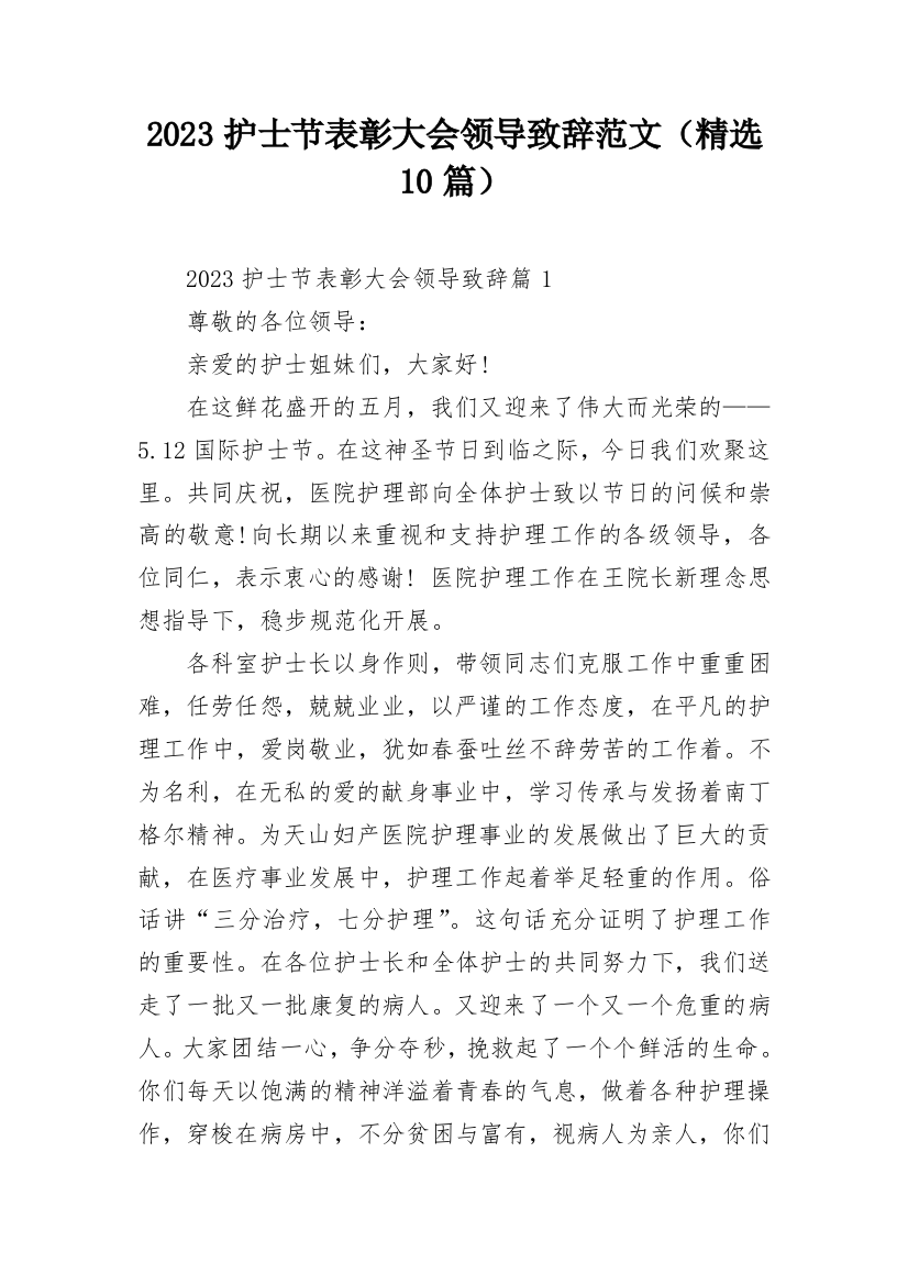 2023护士节表彰大会领导致辞范文（精选10篇）