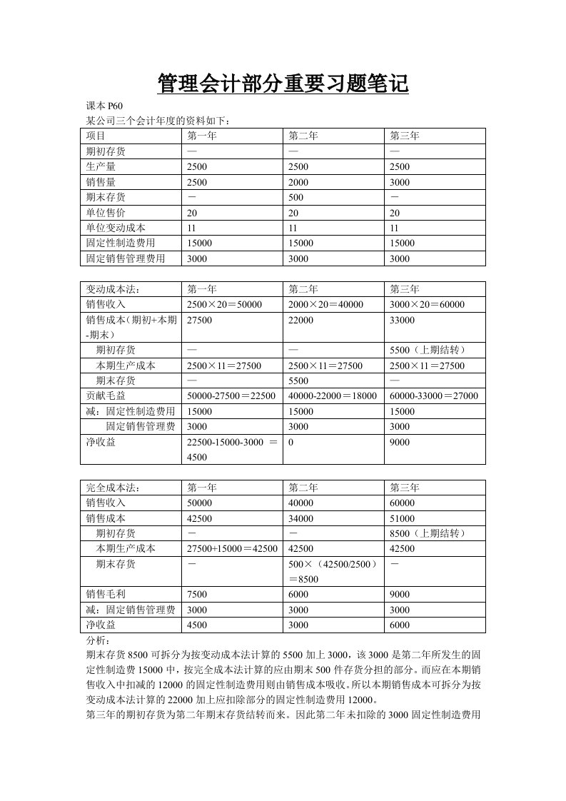 管理会计部分重要习题笔记