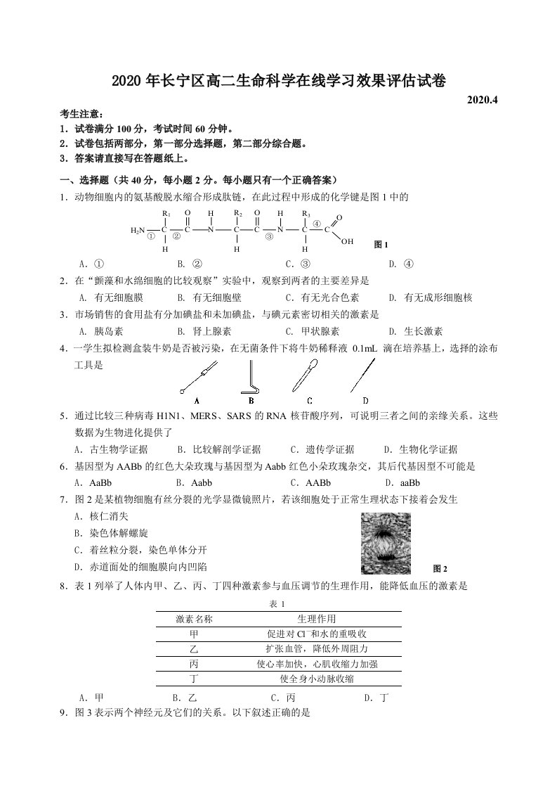 2020上海高考二模长宁区生物