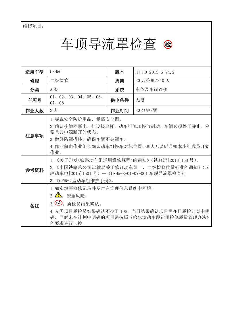 铁路动车组作业指导书crh5s0107001车顶导流罩检查