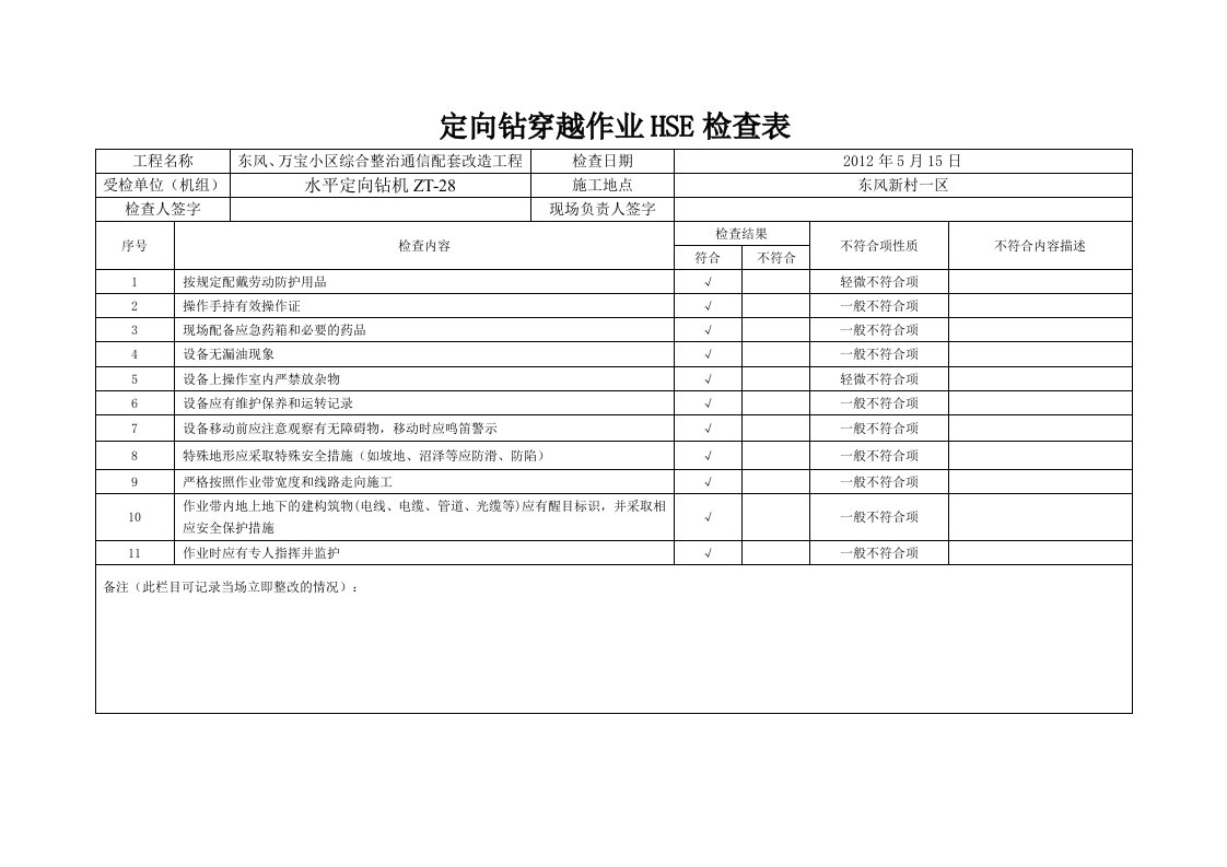 定向钻穿越作业HSE检查表