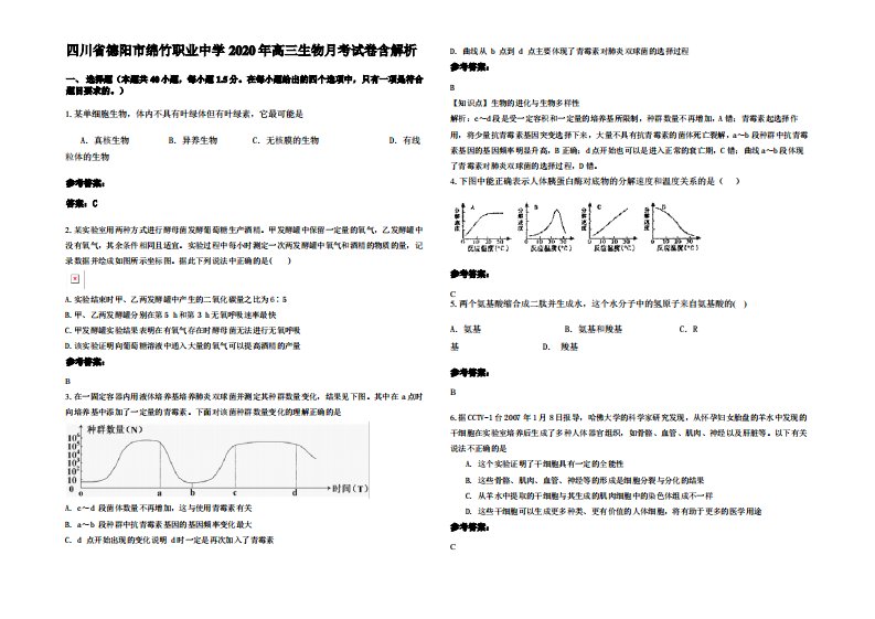 四川省德阳市绵竹职业中学2020年高三生物月考试卷含解析