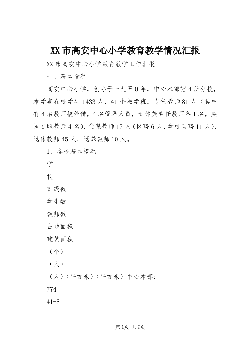 XX市高安中心小学教育教学情况汇报