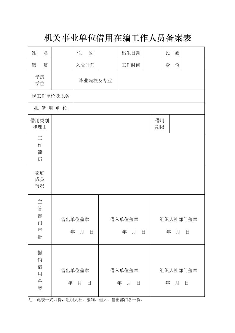 机关事业单位借用在编工作人员备案表