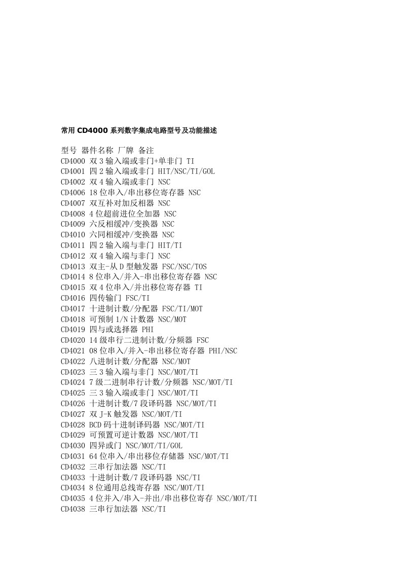 常用CD4000系列数字集成电路型号及功能描述