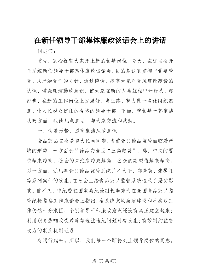 在新任领导干部集体廉政谈话会上的讲话