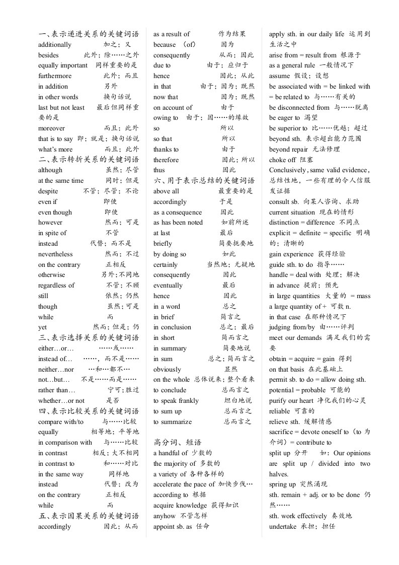 高中英语作文常用关联词及高级词汇