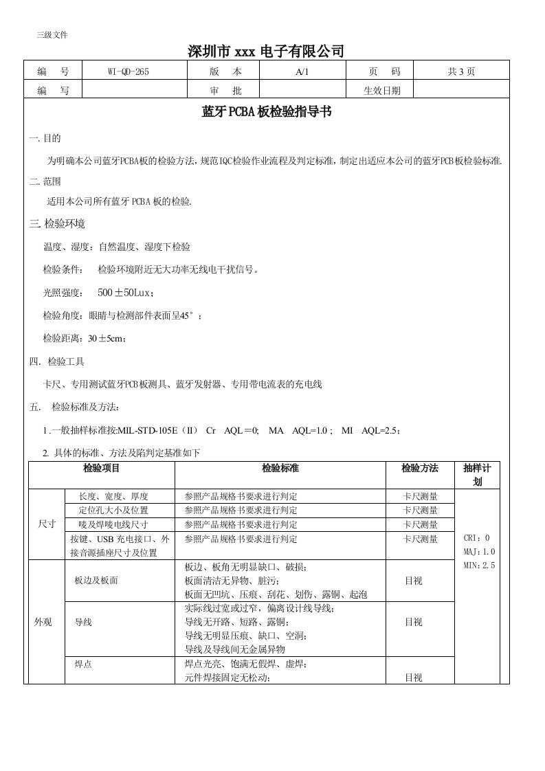 蓝牙PCBA板检验指导书