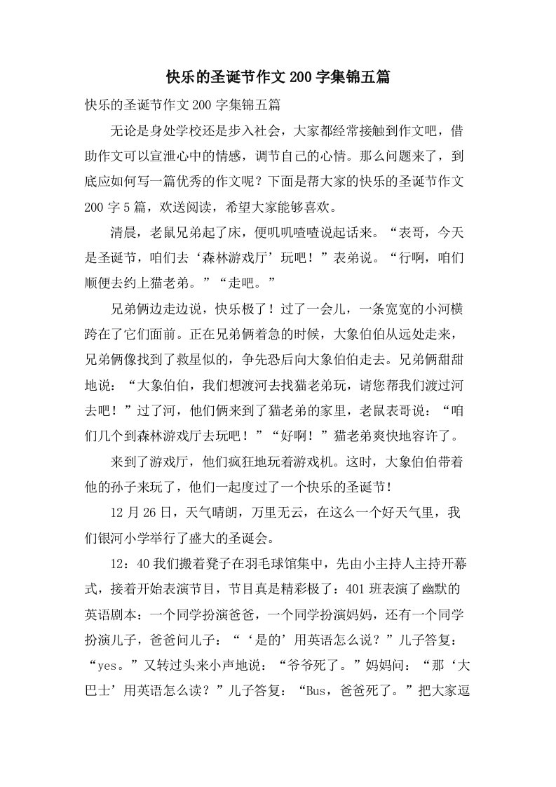 快乐的圣诞节作文200字集锦五篇