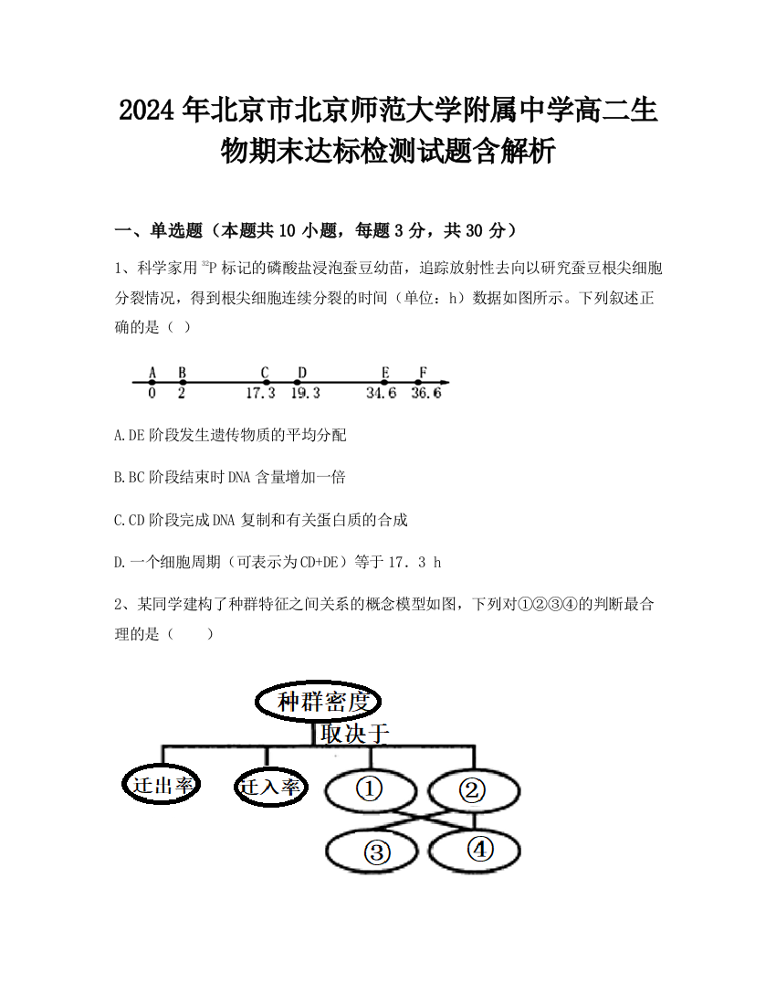 2024年北京市北京师范大学附属中学高二生物期末达标检测试题含解析