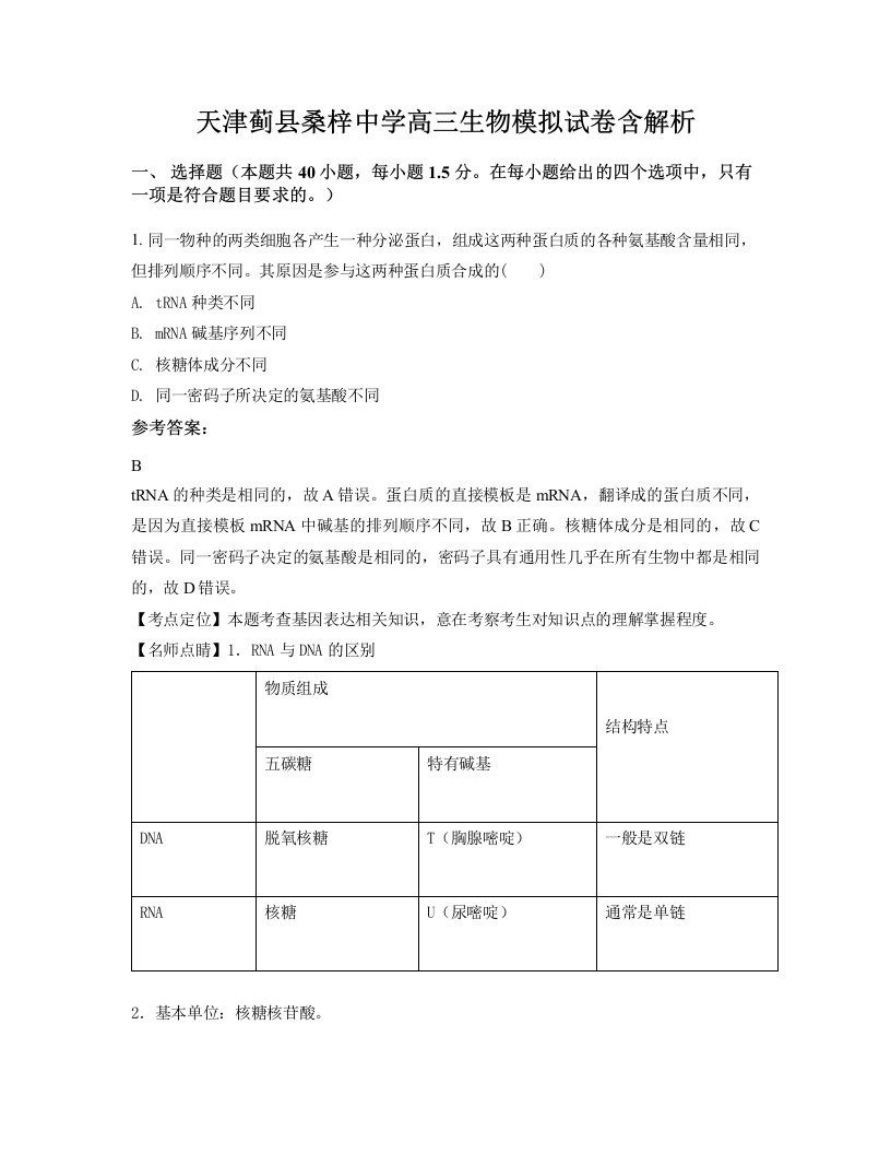 天津蓟县桑梓中学高三生物模拟试卷含解析