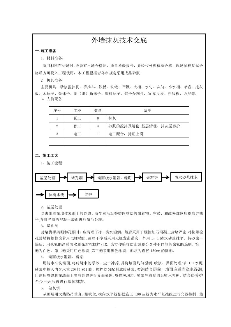 外墙抹灰技术交底