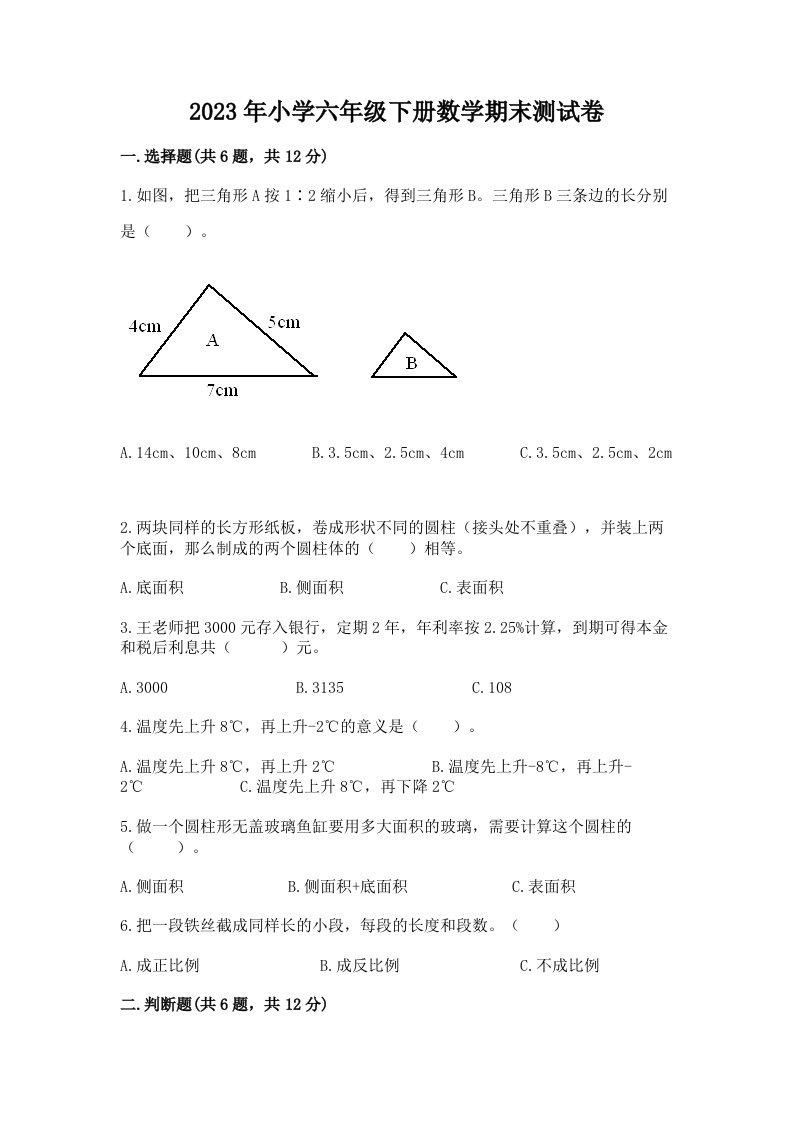 2023年小学六年级下册数学期末测试卷附参考答案（培优）