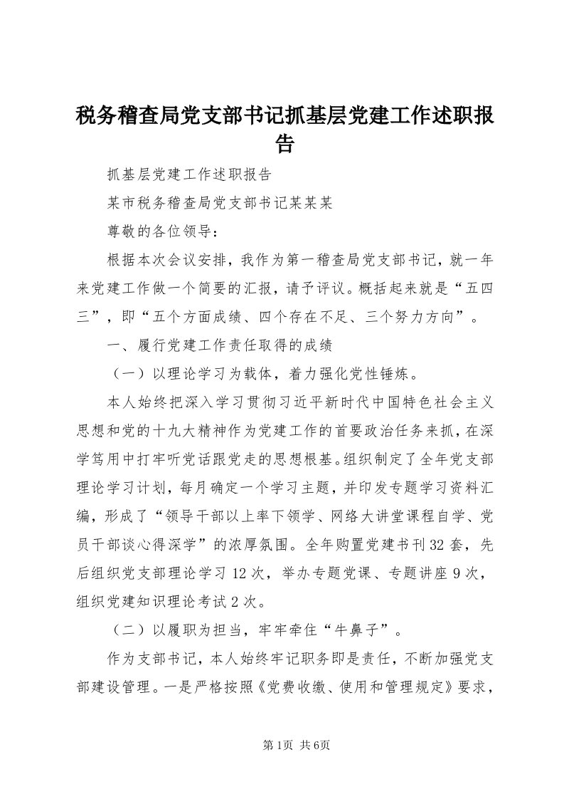 6税务稽查局党支部书记抓基层党建工作述职报告