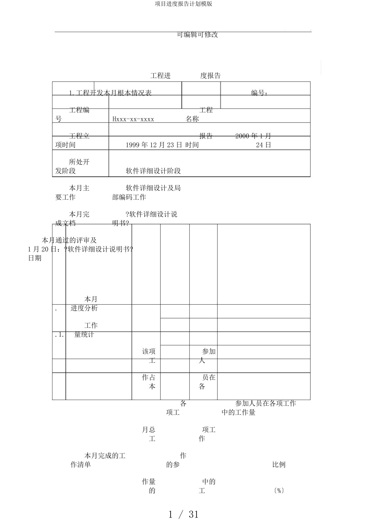 项目进度报告计划模版