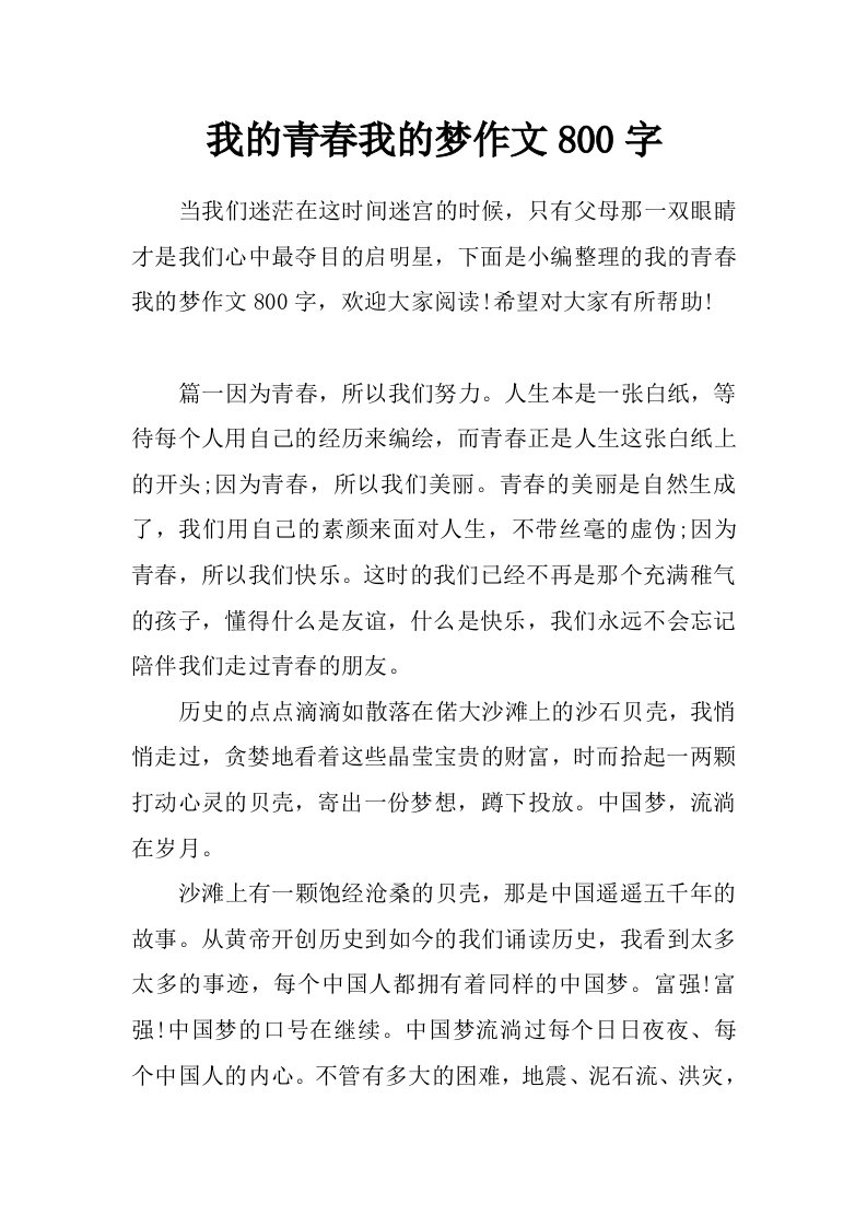 我的青春我的梦作文800字