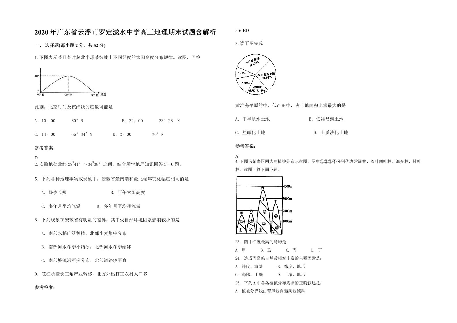 2020年广东省云浮市罗定泷水中学高三地理期末试题含解析