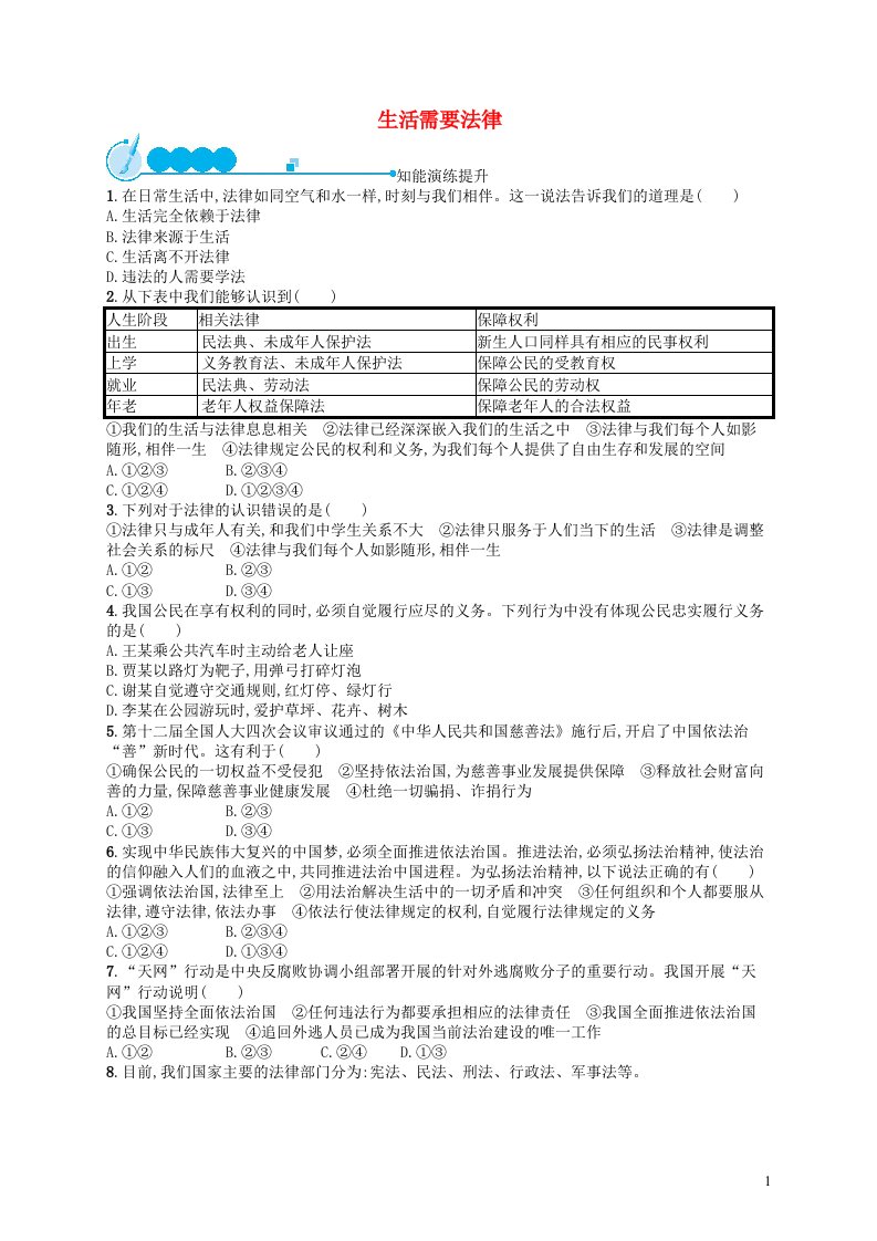 2022七年级道德与法治下册第四单元走进法治天地第九课法律在我们身边第1框生活需要法律课后习题新人教版