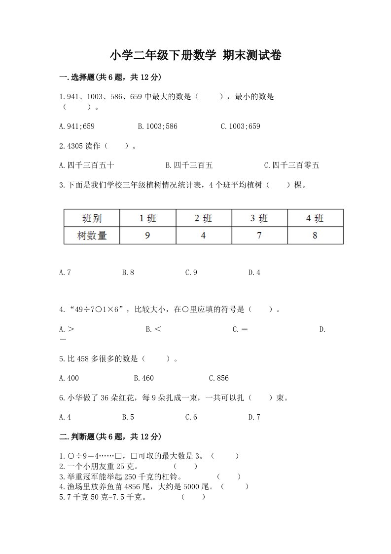 小学二年级下册数学