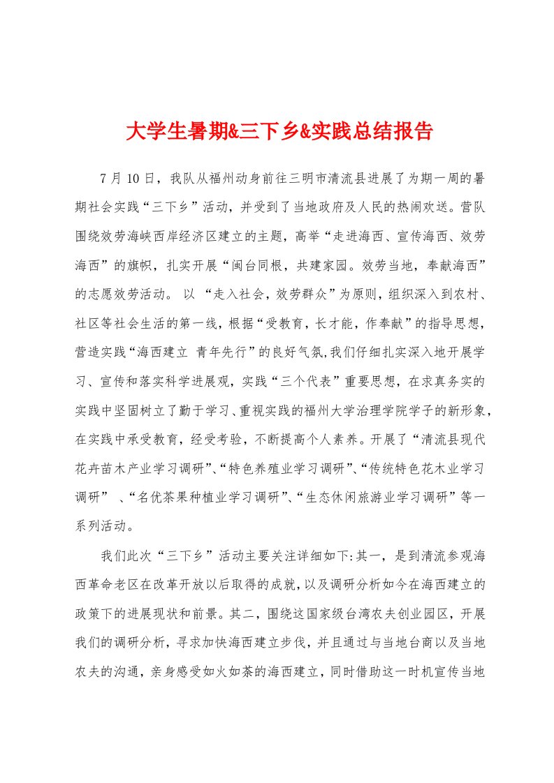 大学生暑期三下乡实践总结报告