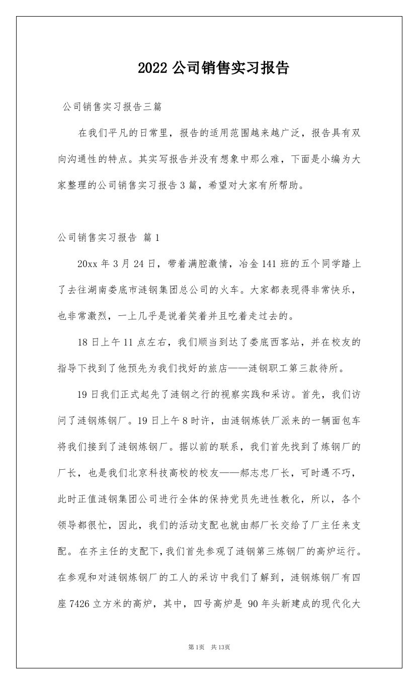 2022公司销售实习报告