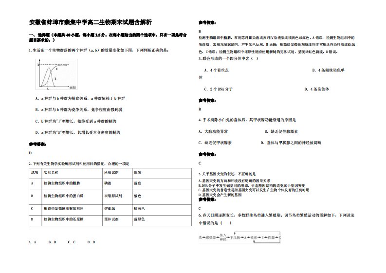 安徽省蚌埠市燕集中学高二生物期末试题含解析