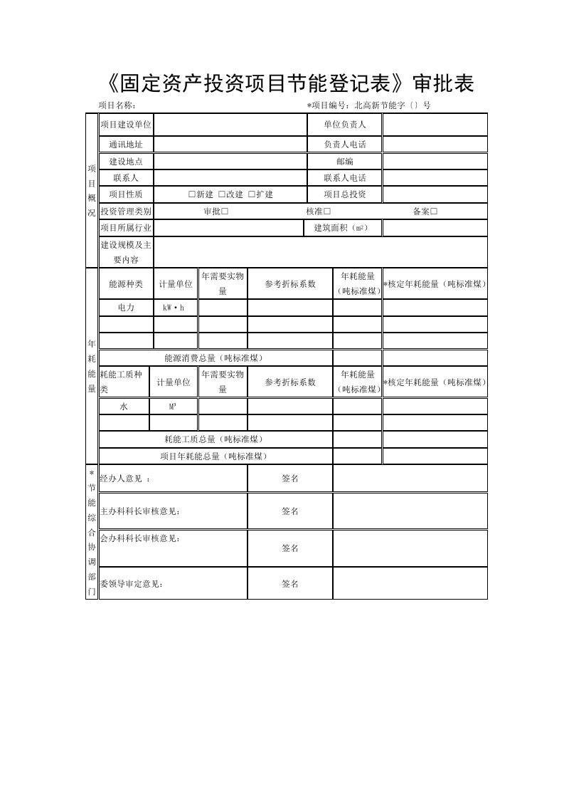 《固定资产投资目节能登记表》审批表