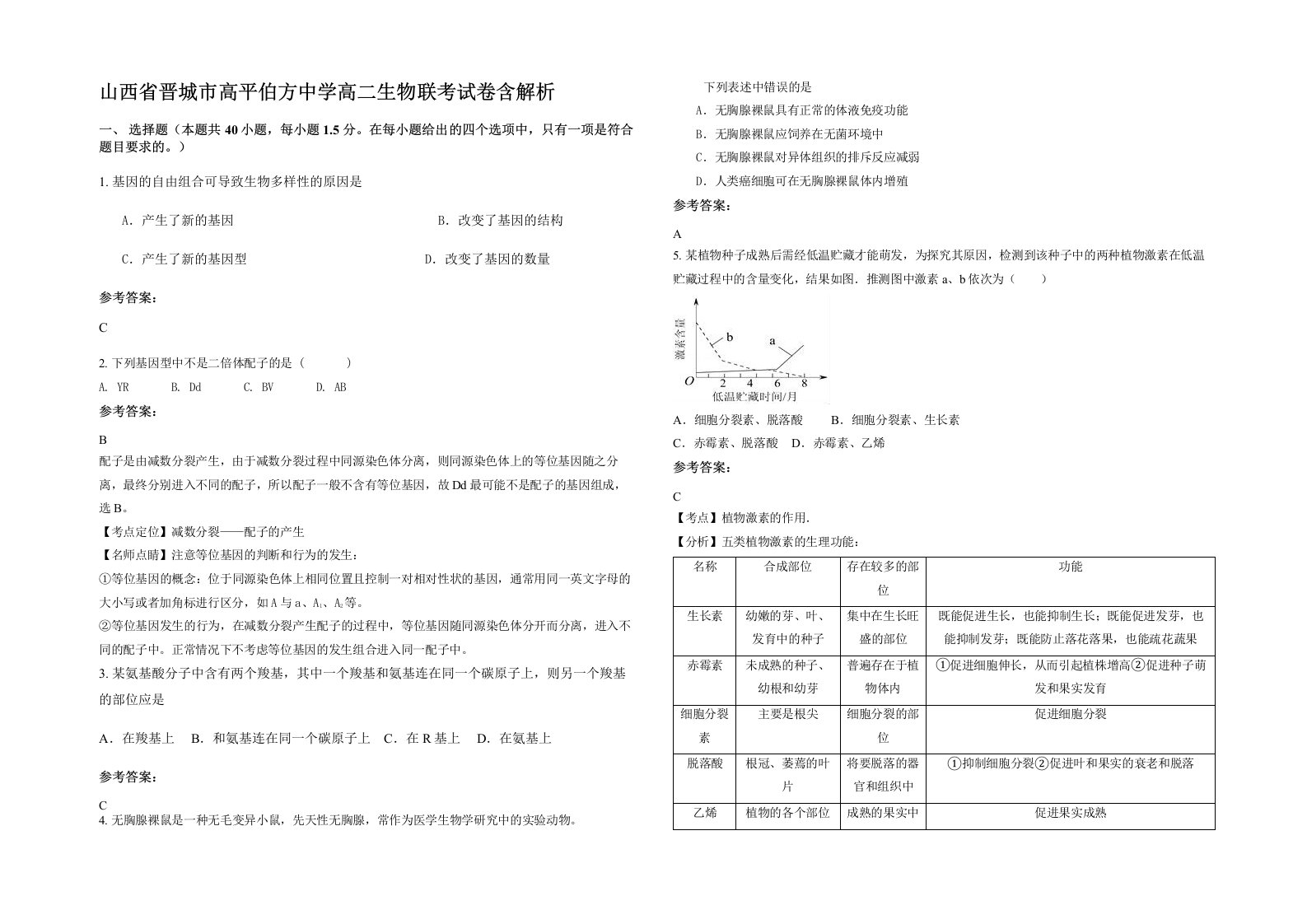 山西省晋城市高平伯方中学高二生物联考试卷含解析