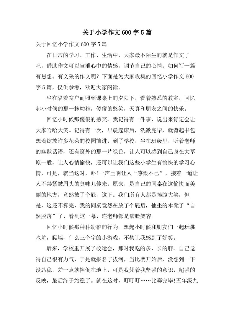 关于小学作文600字5篇