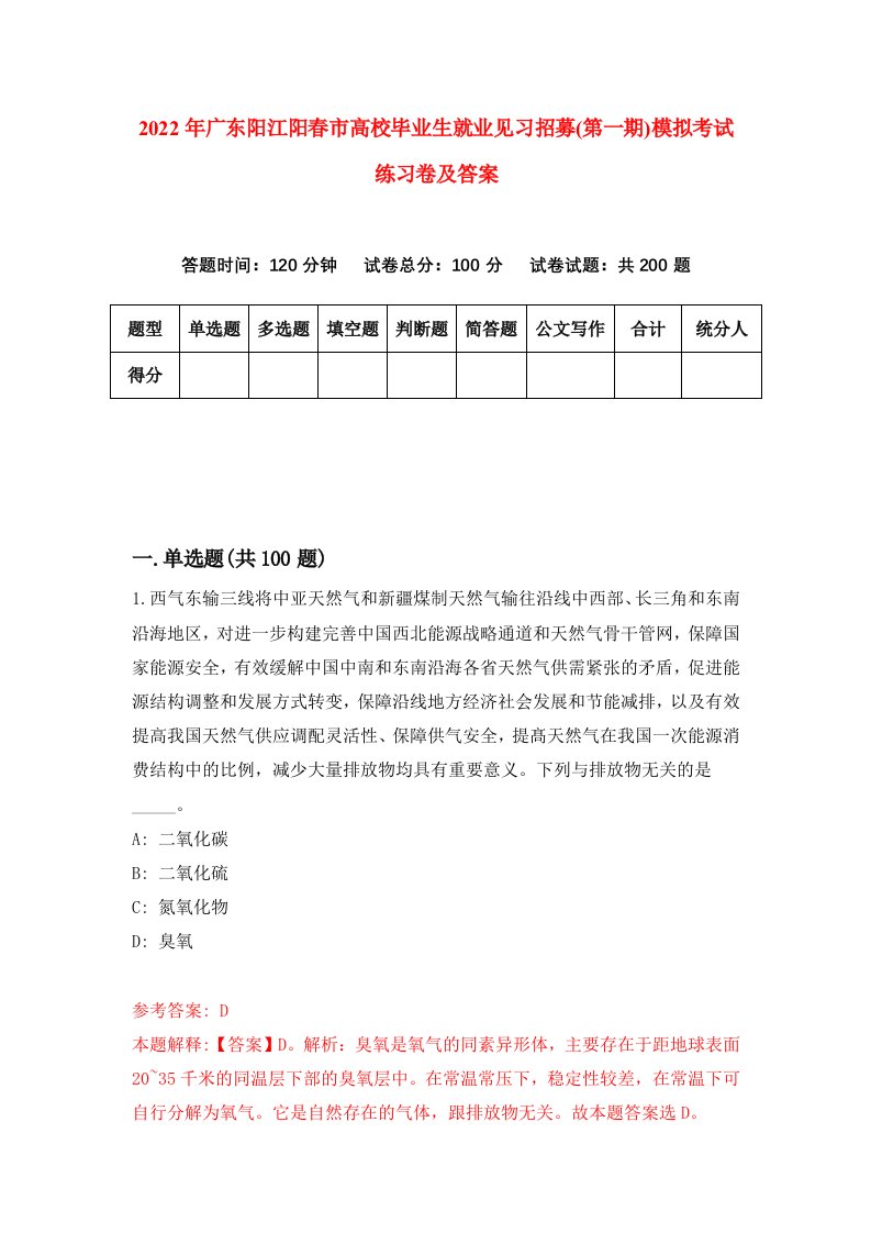 2022年广东阳江阳春市高校毕业生就业见习招募第一期模拟考试练习卷及答案第6卷