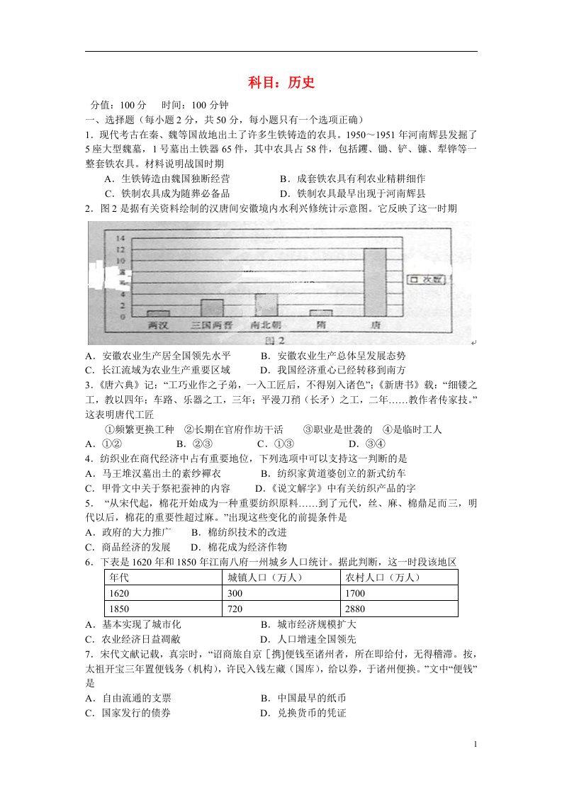 安徽省宣城市郎溪县郎溪中学高一历史下学期直升部第一次月考试题