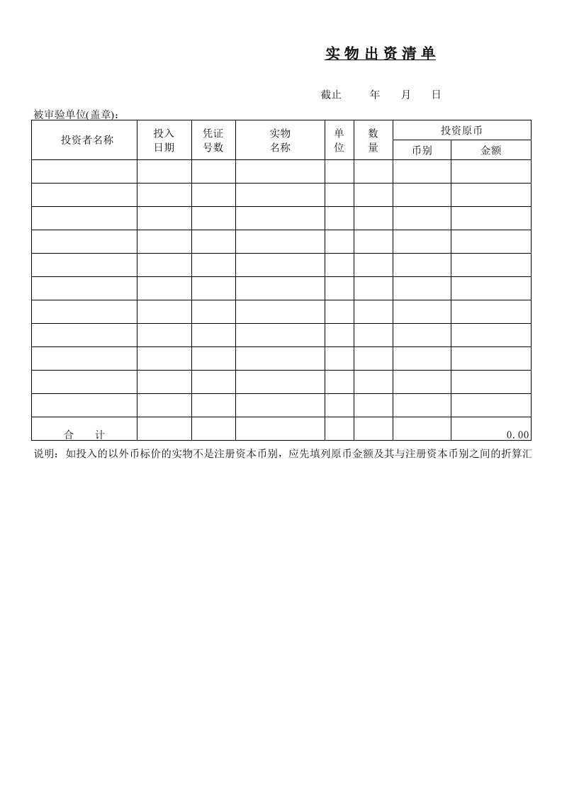 实物出资清单