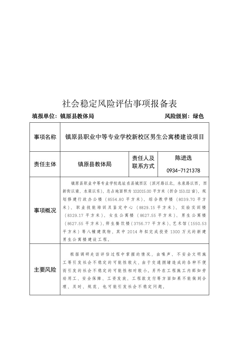 社会稳定风险评估事项报备表