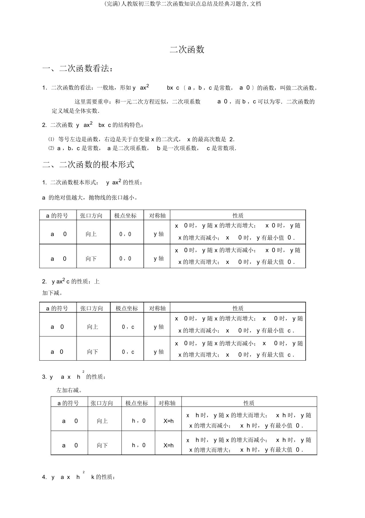 人教版初三数学二次函数知识点总结及经典习题含文档