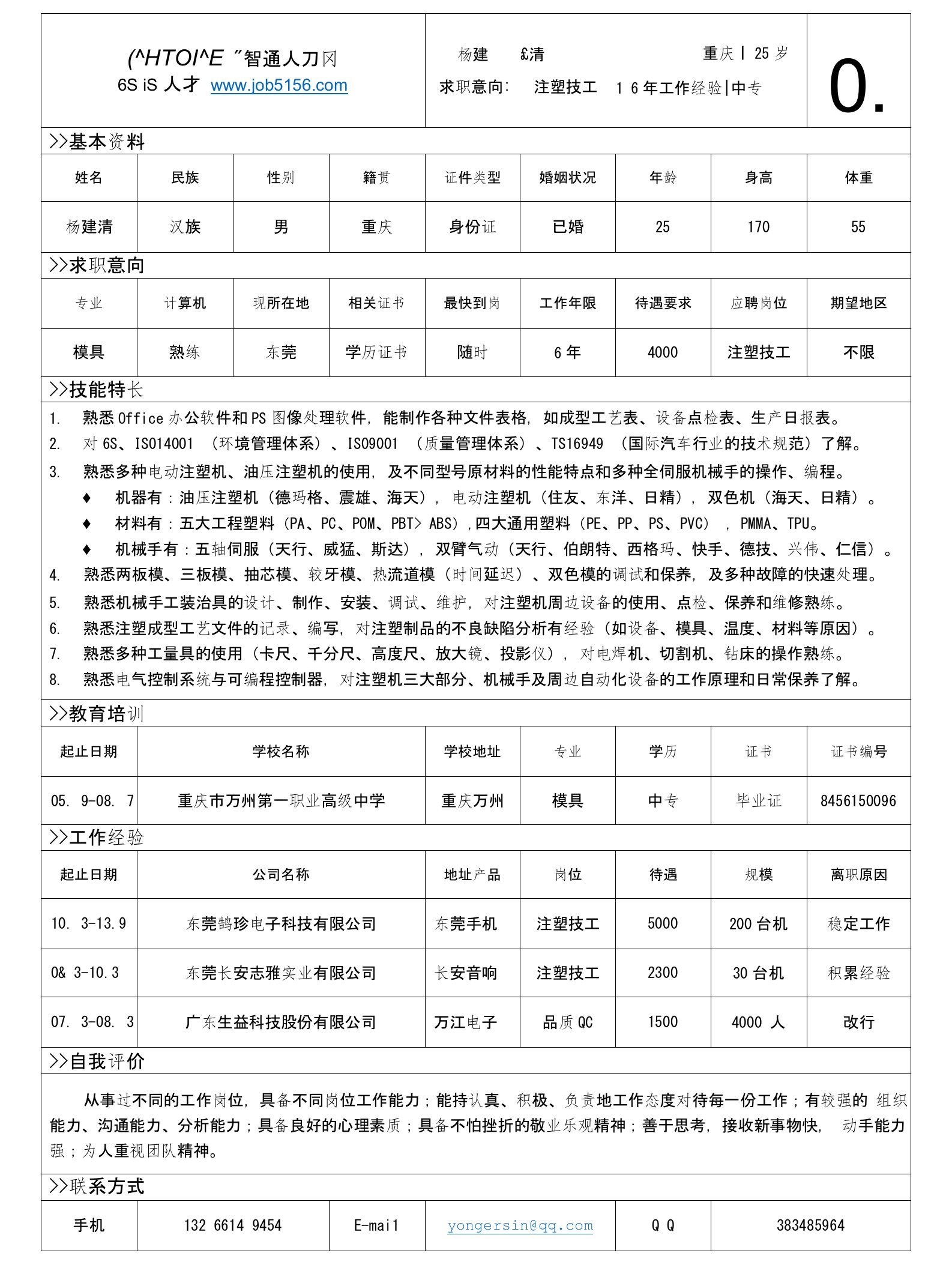 注塑技术员简历范文