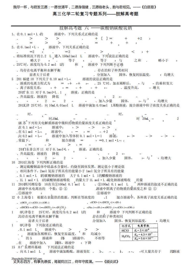 高三化学二轮复习专题系列——肢解高考题(六)——碳酸钠+碳酸氢钠