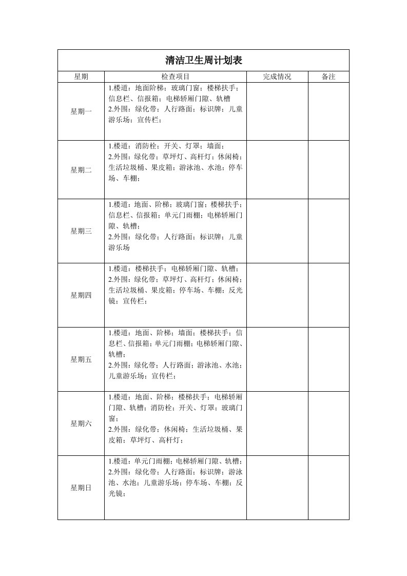 清洁卫生周计划表