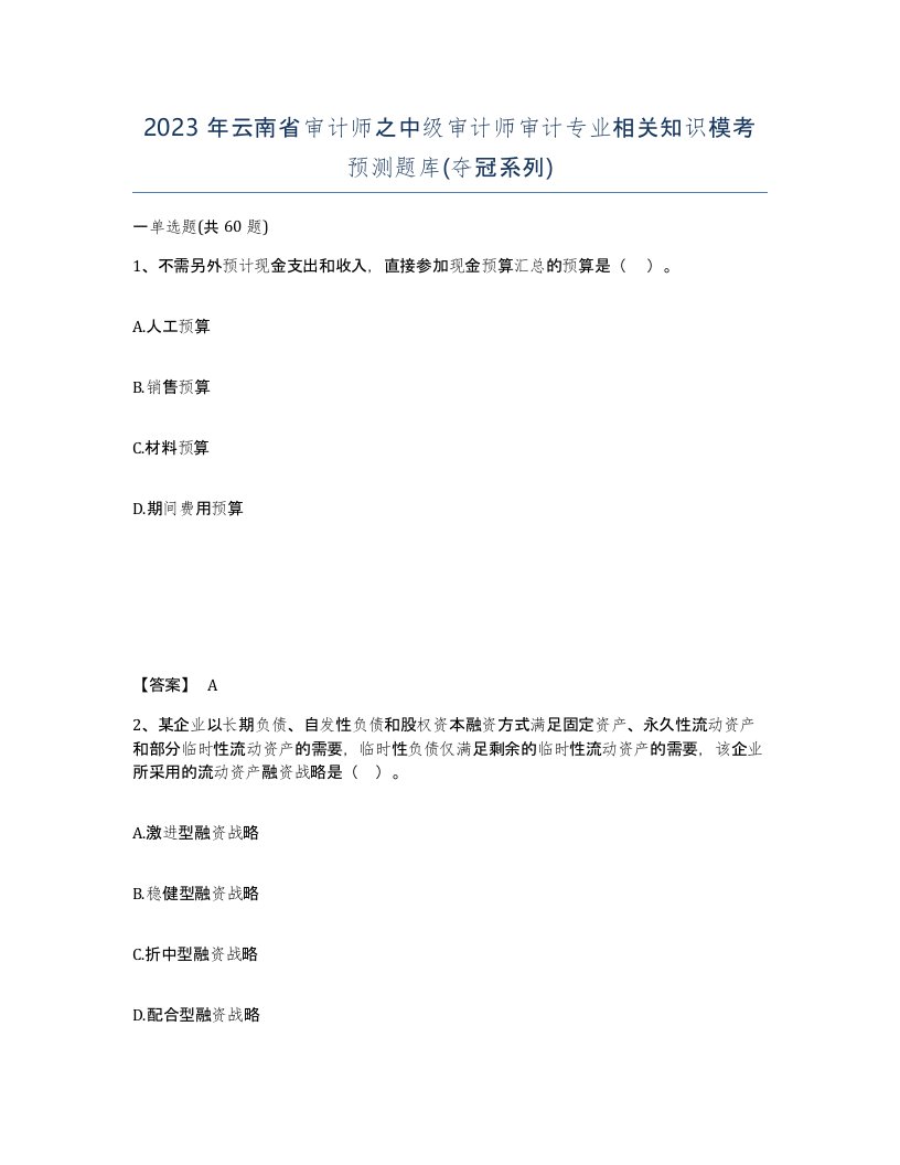 2023年云南省审计师之中级审计师审计专业相关知识模考预测题库夺冠系列