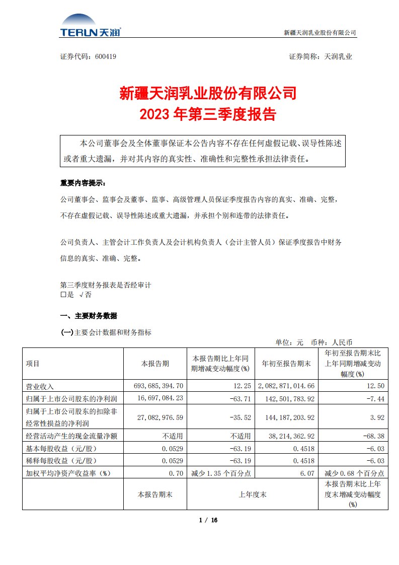 上交所-新疆天润乳业股份有限公司2023年第三季度报告-20231024