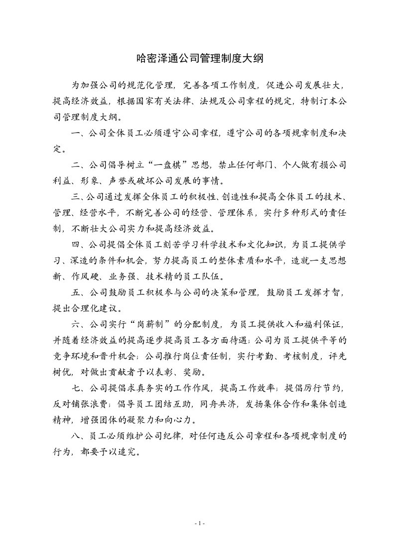 哈密泽通公司管理制度大纲