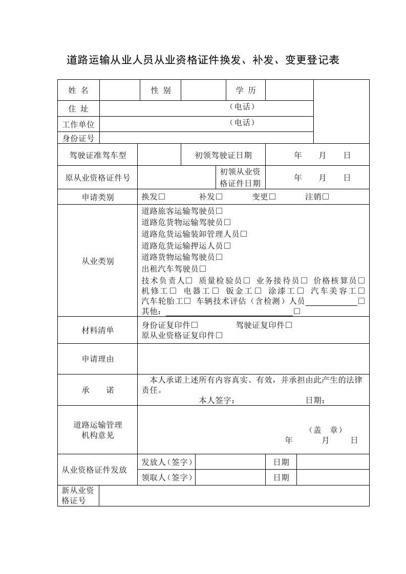 从业资格证换发、补发、变更登记表