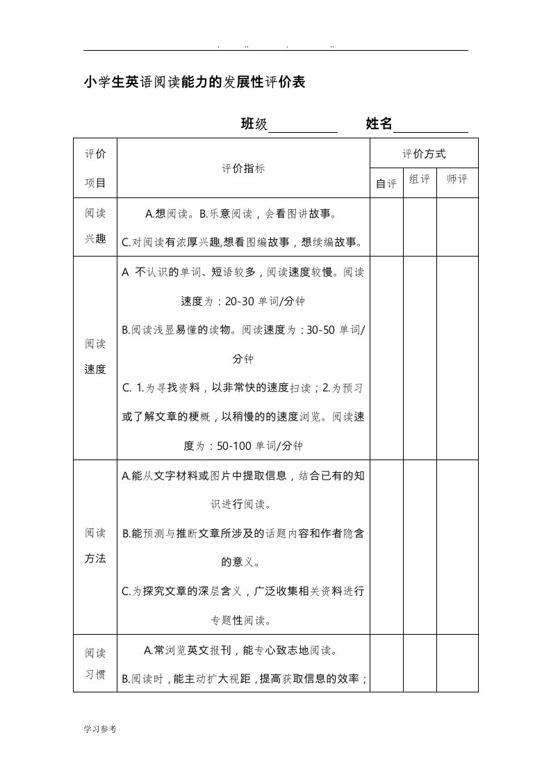 小学生英语阅读能力的发展性评价表