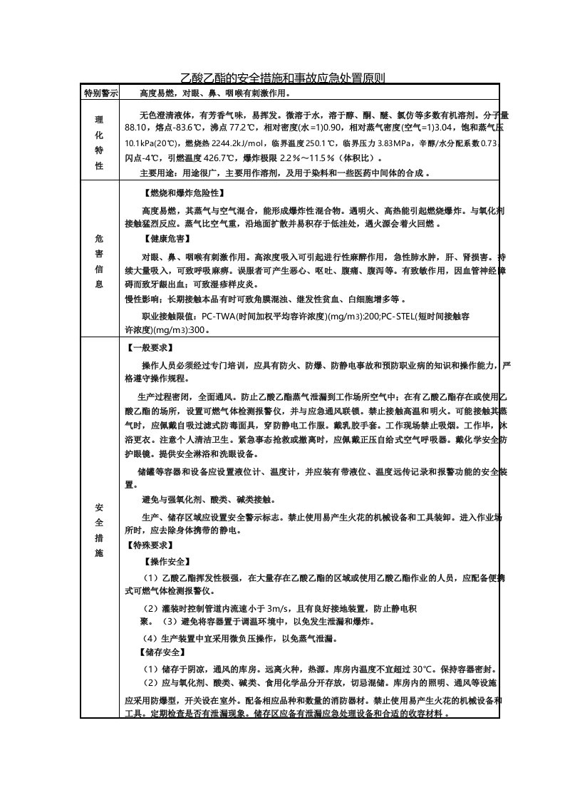 乙酸乙酯的安全措施和事故应急处置原则