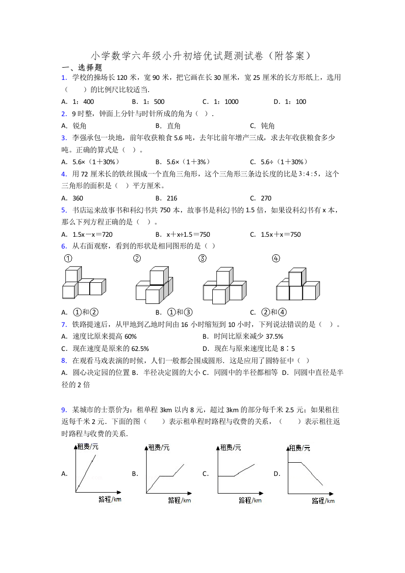 小学数学六年级小升初培优试题测试卷(附答案)