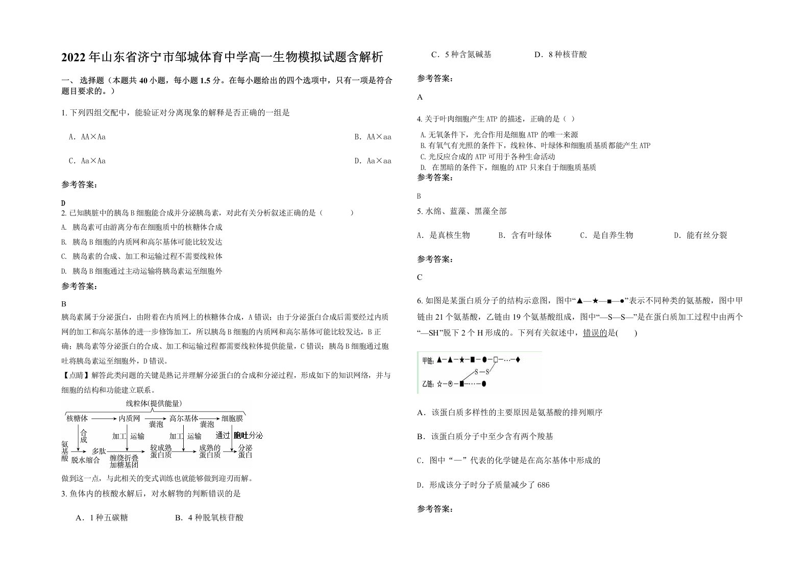 2022年山东省济宁市邹城体育中学高一生物模拟试题含解析