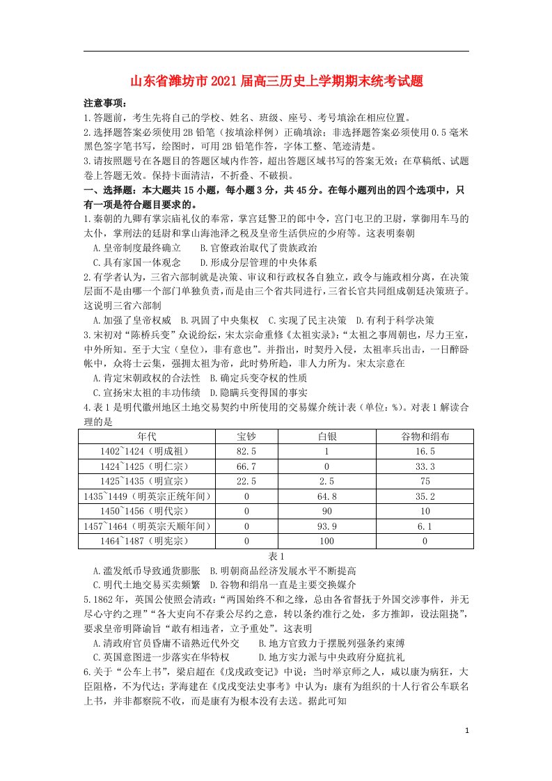 山东省潍坊市2021届高三历史上学期期末统考试题